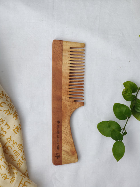 Neem Wood Comb - Wide and Narrow Spaced Teeth & Wide Teeth with Handle - Detangling & Styling - Combo Pack